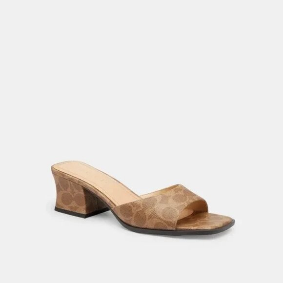 Coach Women's Sculpt C Sandals Tan Slip-On Designer Logo Pattern Casual - Picture 1 of 7
